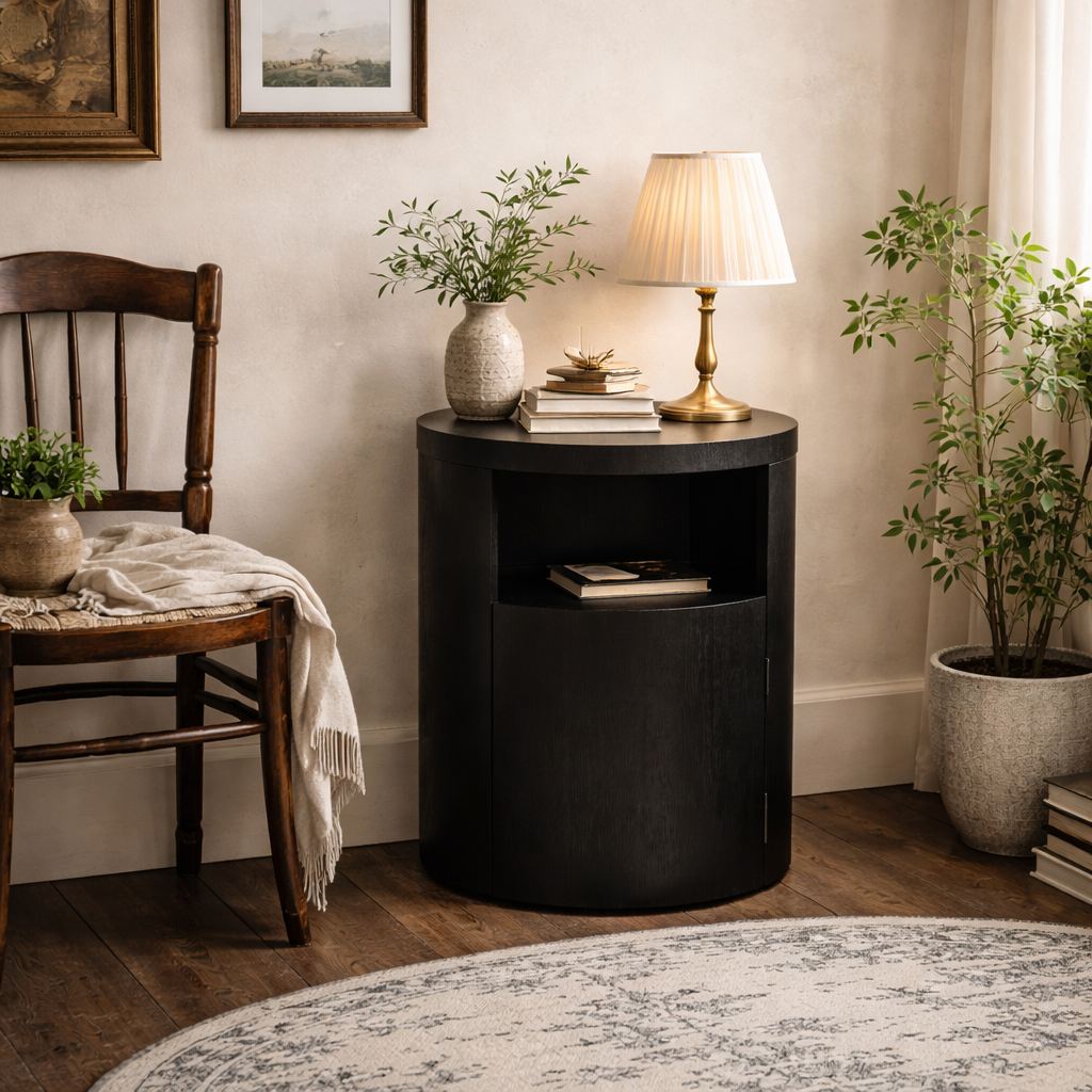 Yori Round Black Bedside Cabinet 1 Door Open Shelf