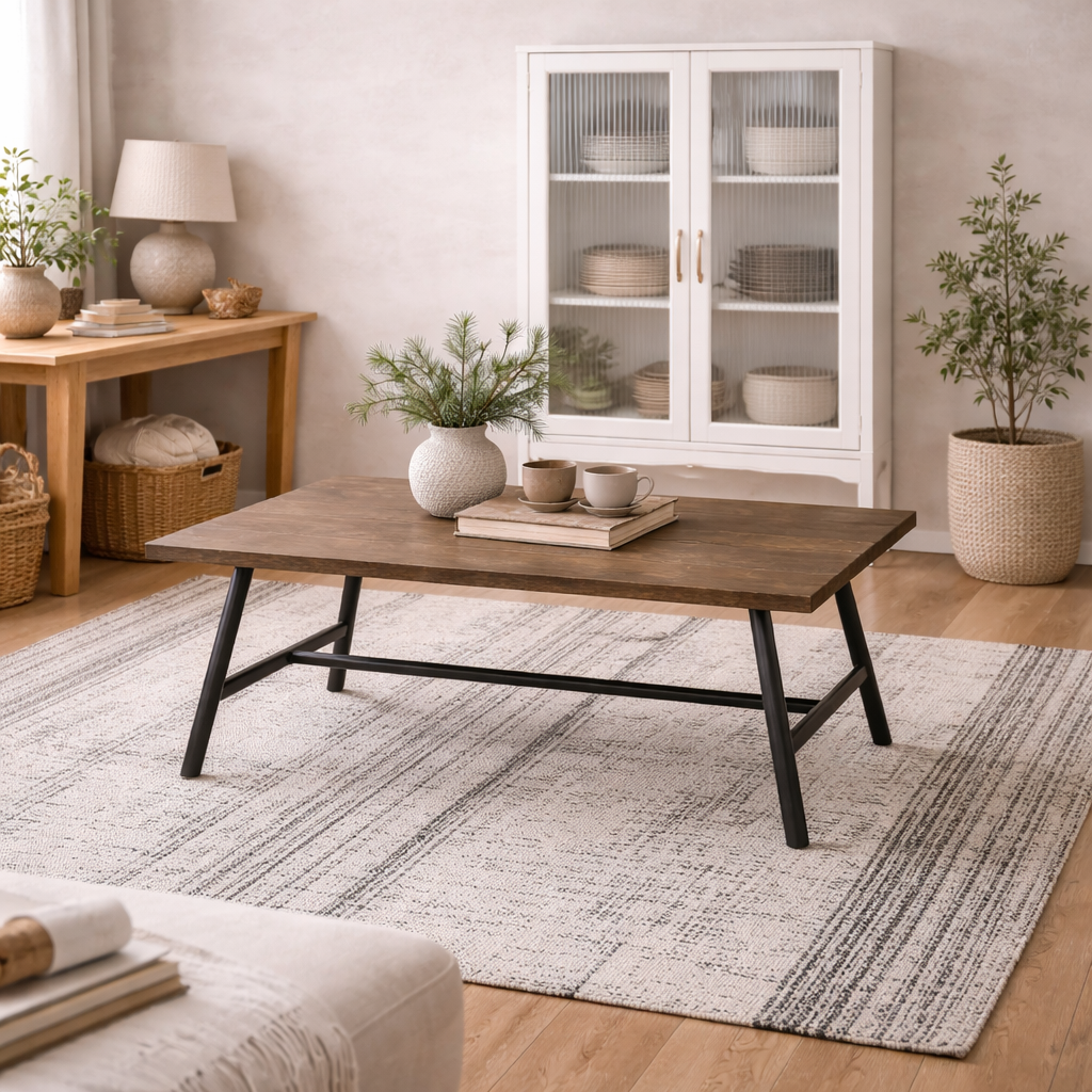 Northmere Coffee Grain Wood Effect and Black Metal Dining Table