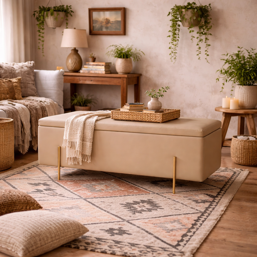 Elowen Rectangle Storage Ottoman Bench Cream Boucle Gold Metal Legs