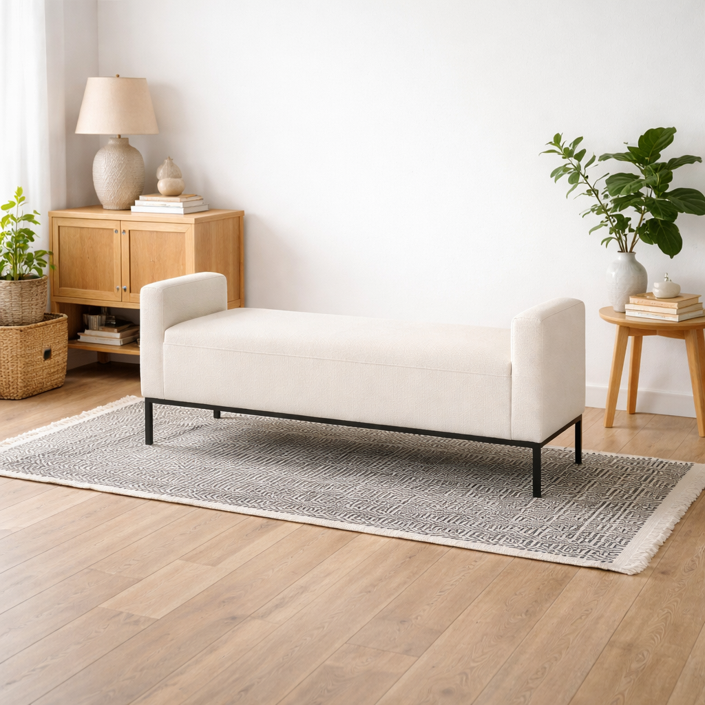 Brooklyn Ivory Linen Bench Black Metal Legs