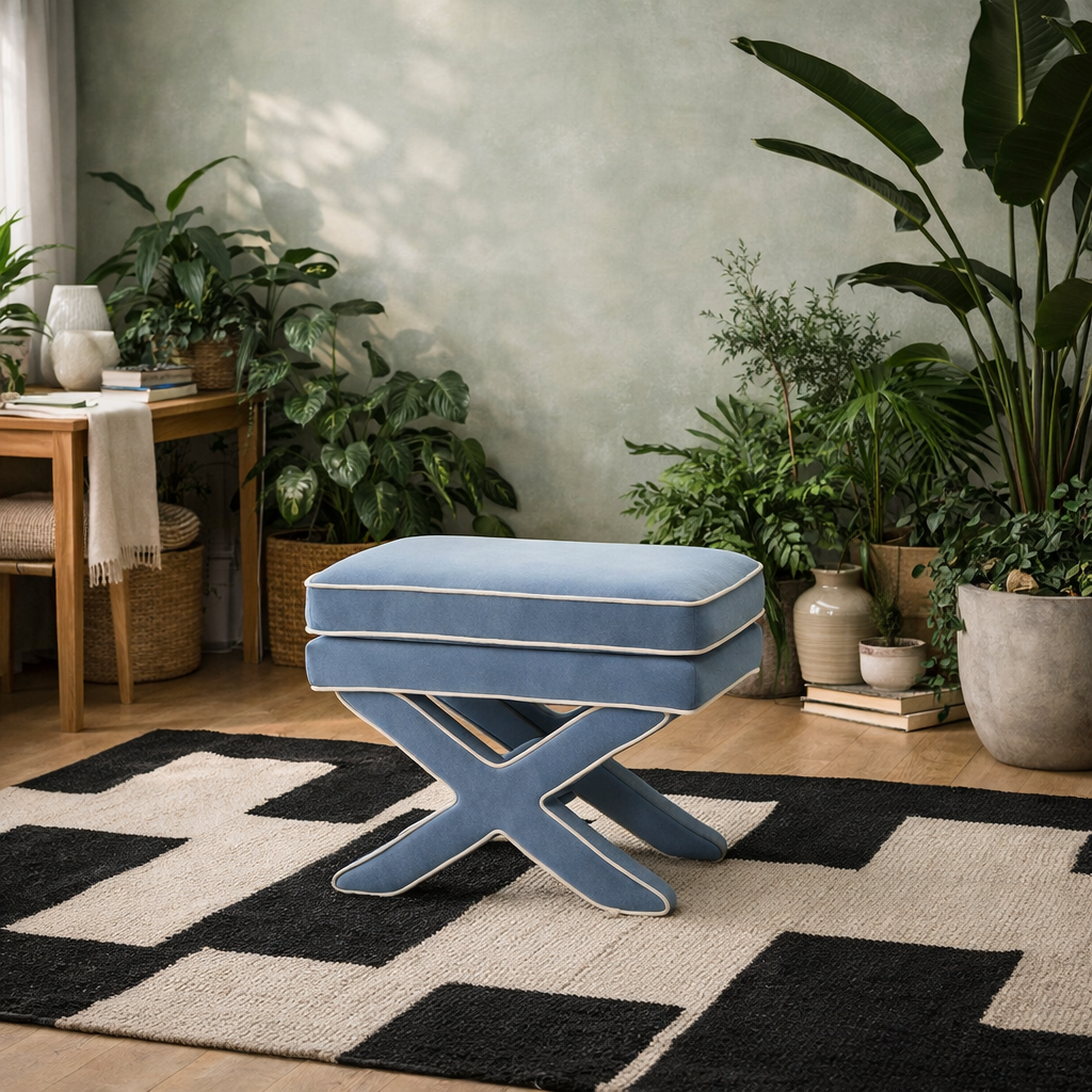 Theodor Ice Blue Velvet Stool X Cross Legs