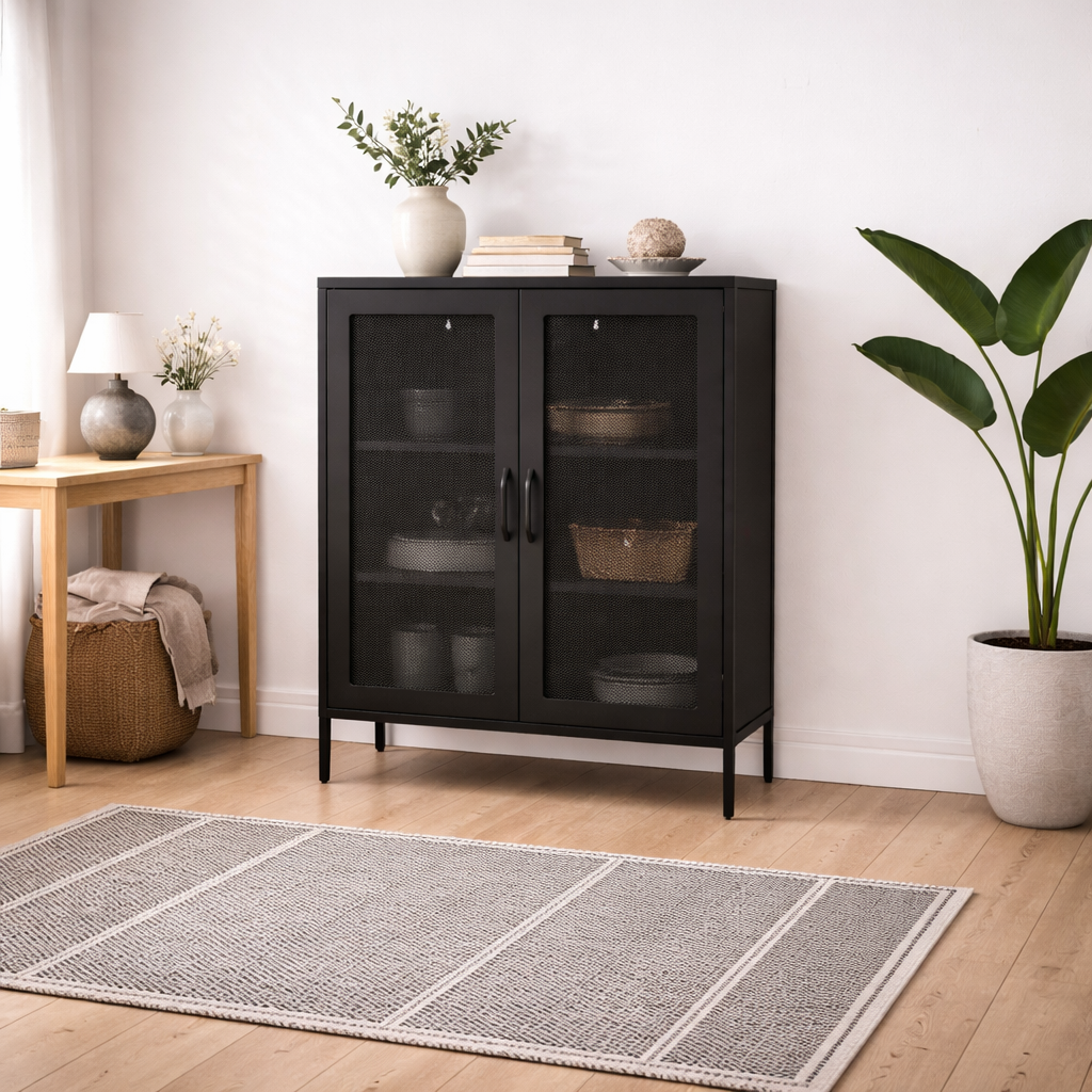 Patak Black Metal Mesh Cabinet 2 Doors 2 Shelves