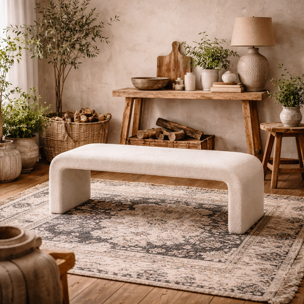 Palermo Minimalist Curved Ivory Upholstered Hallway Bench