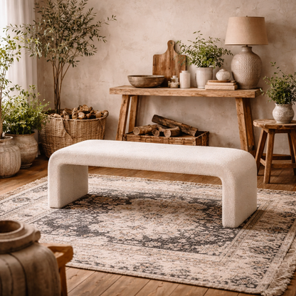 Palermo Minimalist Curved Ivory Upholstered Hallway Bench