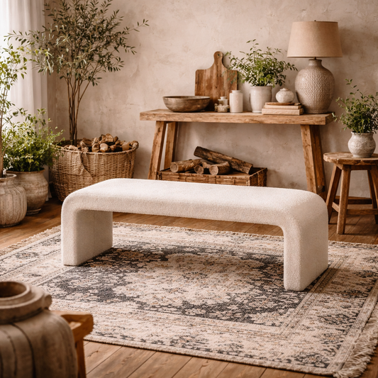 Palermo Minimalist Curved Ivory Upholstered Hallway Bench