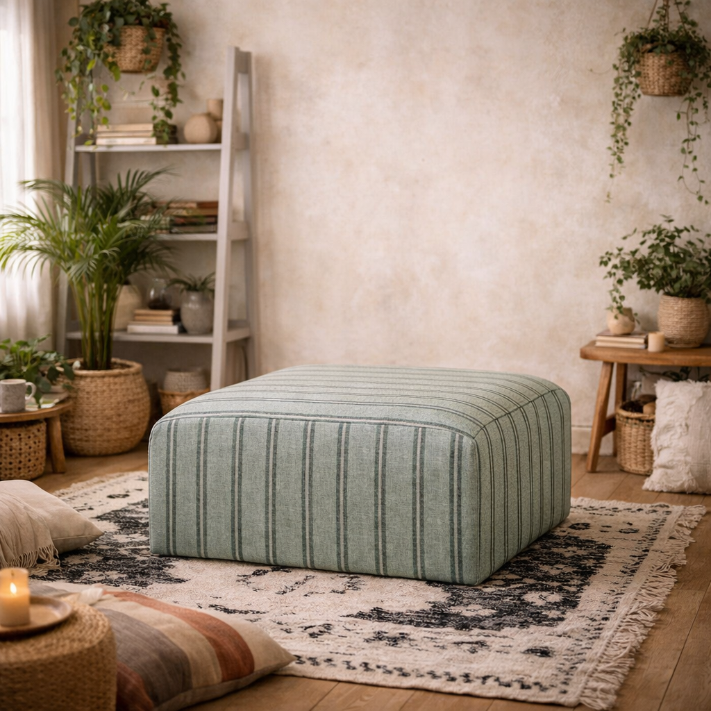 Malmo Grey Stripe Upholstered Square Pouffe