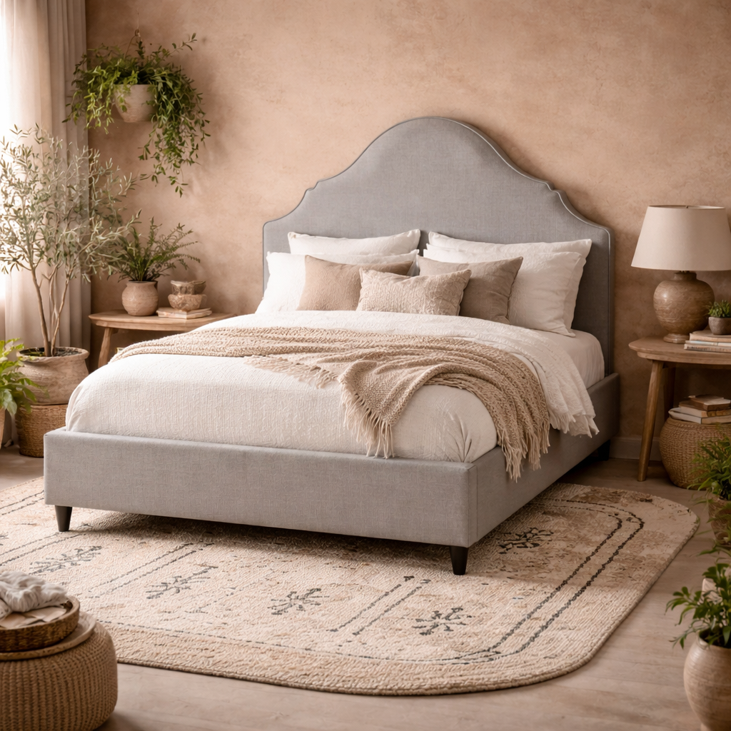 Princeton Light Grey Linen Upholstered 5ft King Size Bed Retro Headboard