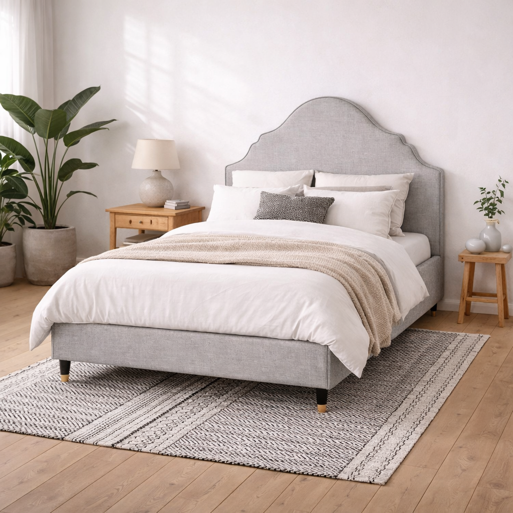 Princeton Light Grey Linen Upholstered 4ft6 Double Bed Retro Headboard