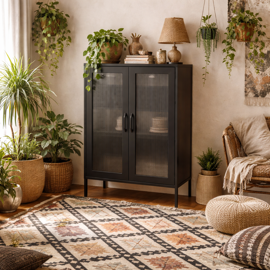 Barla Black Steel Metal 2 Reeded Glass Door Cabinet