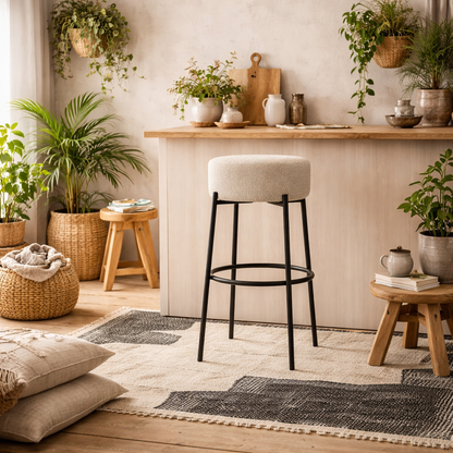 Tanji Cream Boucle Round Bar Stool Black Metal Legs