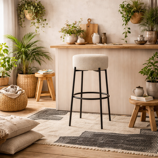 Tanji Cream Boucle Round Bar Stool Black Metal Legs