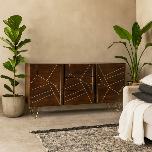 Bandung Dark Mango Wood and Gold Large Sideboard 3 Drawers 2 Doors