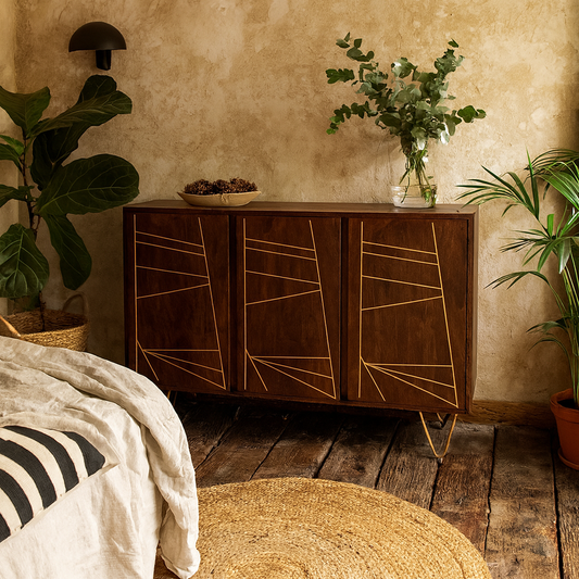 Bandung Dark Mango Wood and Gold Large Sideboard 3 Doors