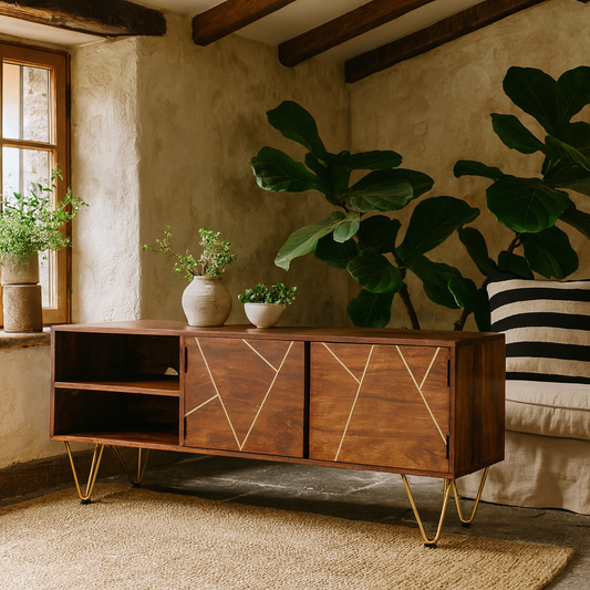 Bandung Dark Mango Wood and Gold TV Media Unit 2 Shelves 2 Doors