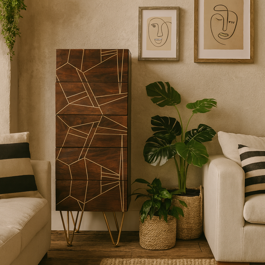 Bandung Dark Mango Wood and Gold Tall Chest of 5 Drawers