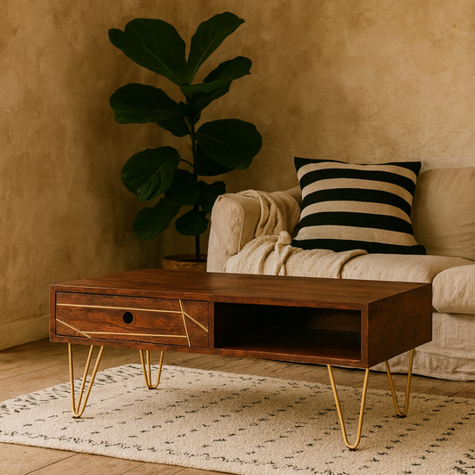 Bandung Dark Mango Wood and Gold Rectangular Coffee Table 1 Drawer 1 Open Shelf