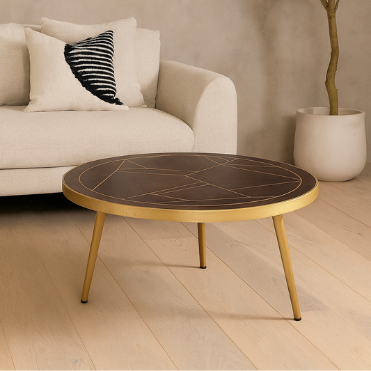 Bandung Dark Mango Wood and Gold Round Coffee Table
