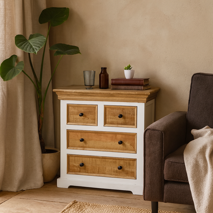 Alington White and Natural Solid Mango Wood Four Drawer Chest