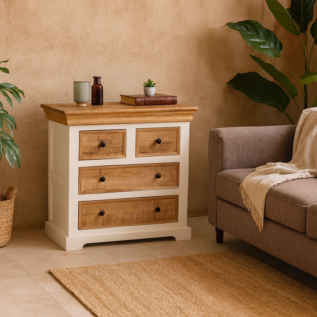 Alington White and Natural Solid Mango Wood Four Drawer Chest