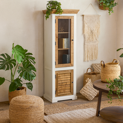 Alington White and Natural Solid Wood Bookcase Display Cabinet With Shelves and Door
