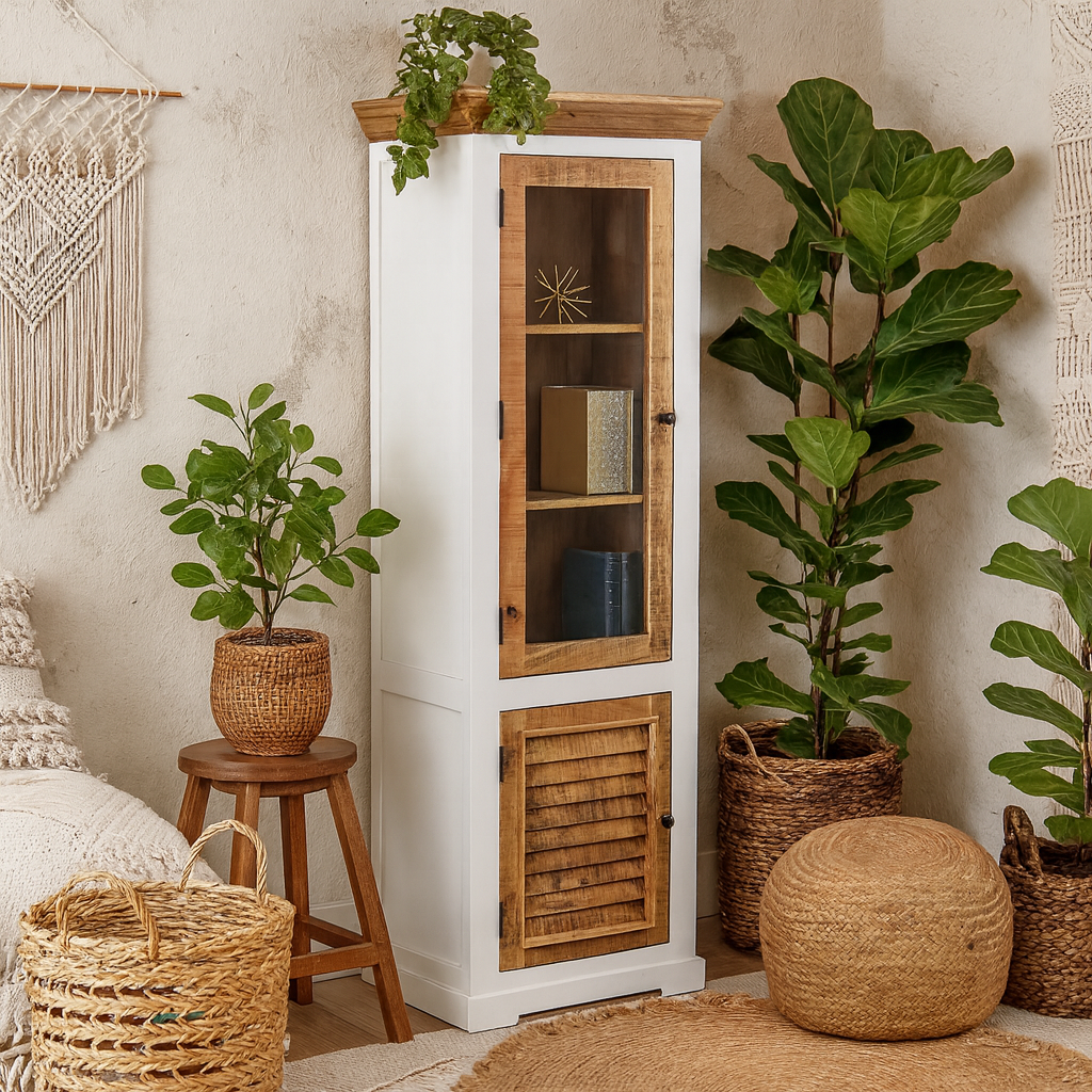 Alington White and Natural Solid Wood Bookcase Display Cabinet With Shelves and Door