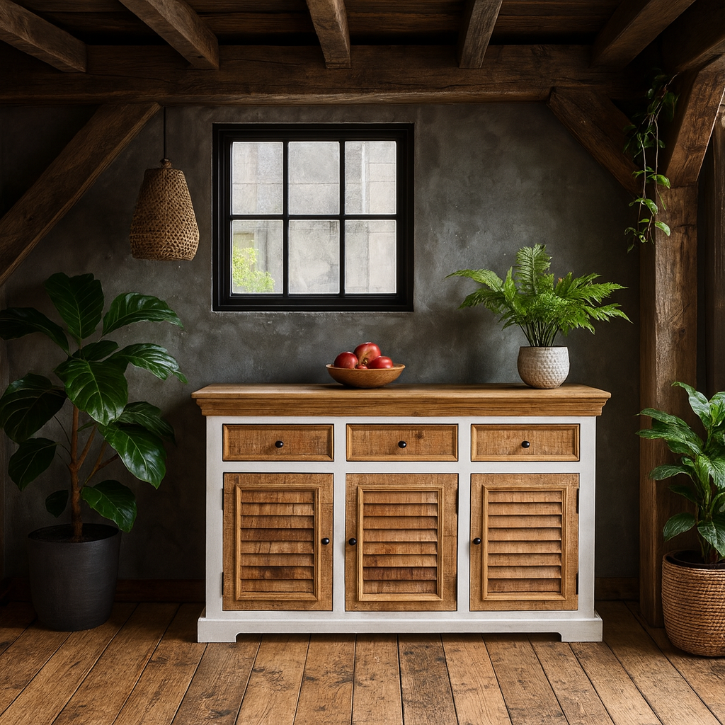 Alington White and Natural Solid Wood Sideboard With 3 Drawers and 3 Doors