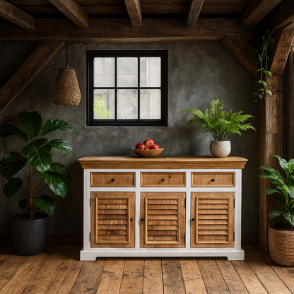 Alington White and Natural Solid Wood Sideboard With 3 Drawers and 3 Doors