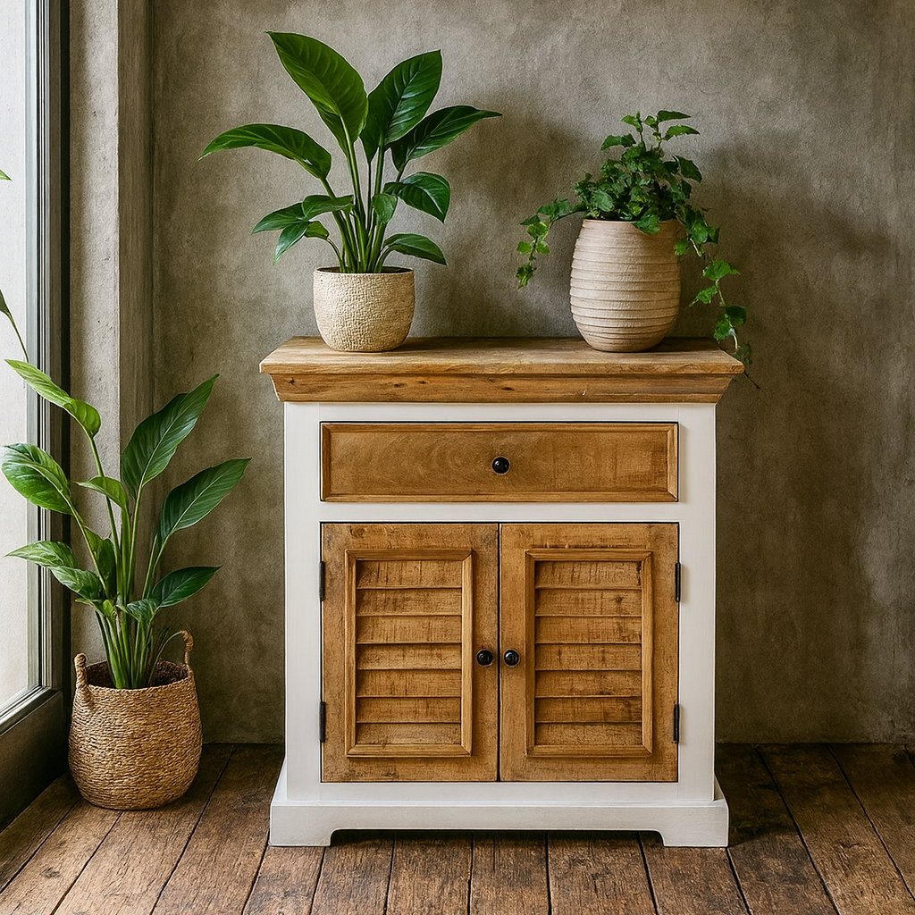 Alington White and Natural Solid Wood Sideboard 1 Drawer and 2 Doors