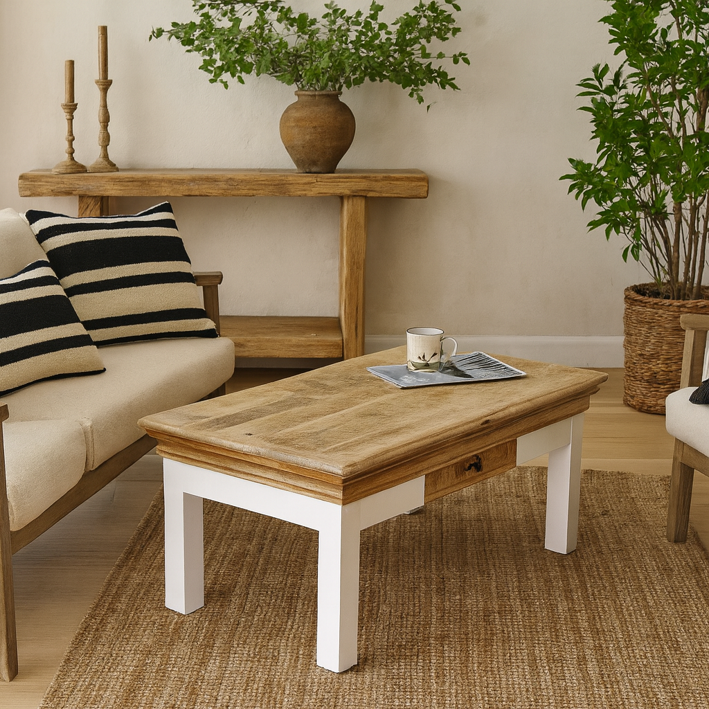 Alington White and Natural Solid Mango Wood Coffee Table With Drawer