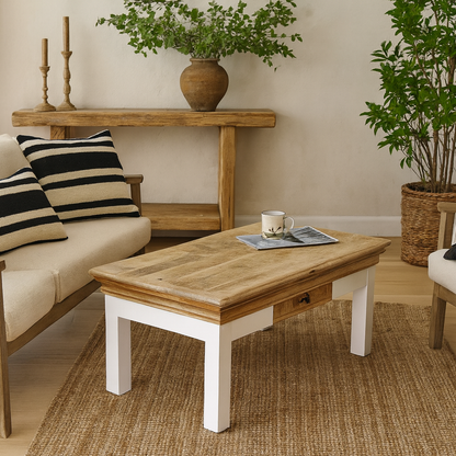 Alington White and Natural Solid Mango Wood Coffee Table With Drawer