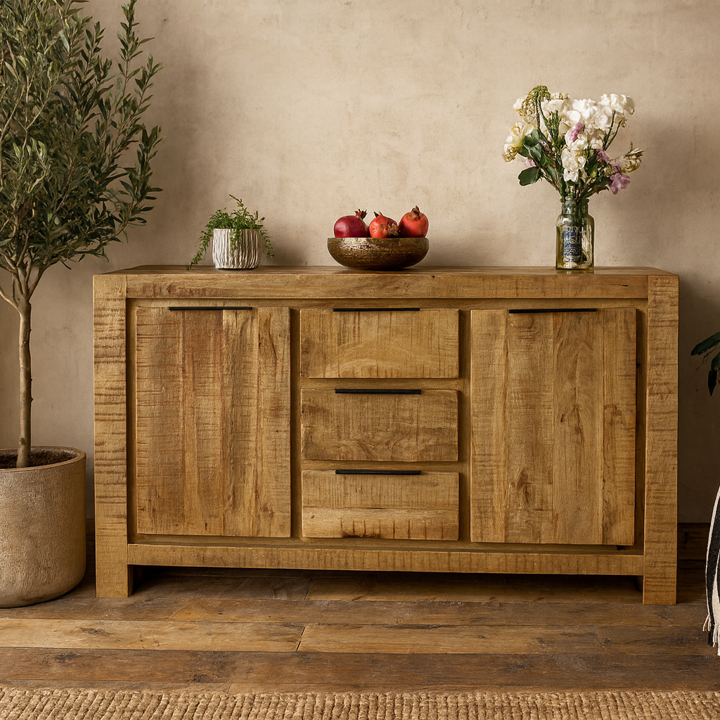California Solid Mango Wood Large Sideboard With 2 Doors And 3 Drawers