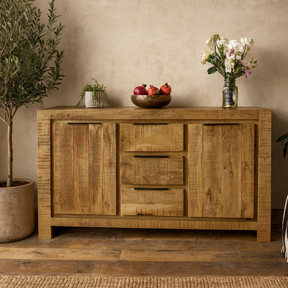 California Solid Mango Wood Large Sideboard With 2 Doors And 3 Drawers