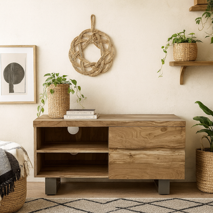 Wellington Acacia Wood Modern Small TV Unit 2 Shelves 2 Drawers