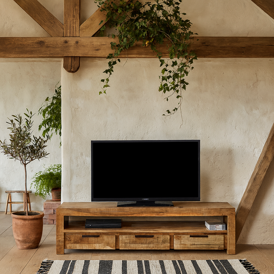 London Natural Mango Wood Large TV Cabinet with 3 Drawers and 1 Shelf