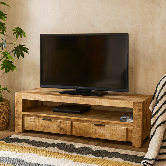 London Natural Mango Wood TV Cabinet with 2 Drawers and 1 Shelf