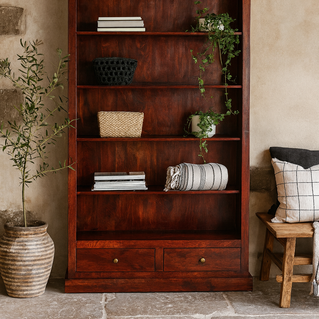 Oxford Mahogany Mango Wood Bookcase 5 Shelves 2 Drawers