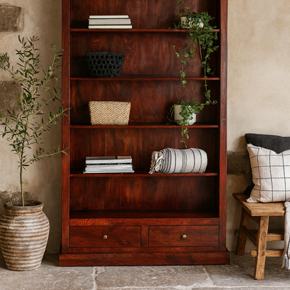 Oxford Mahogany Mango Wood Bookcase 5 Shelves 2 Drawers