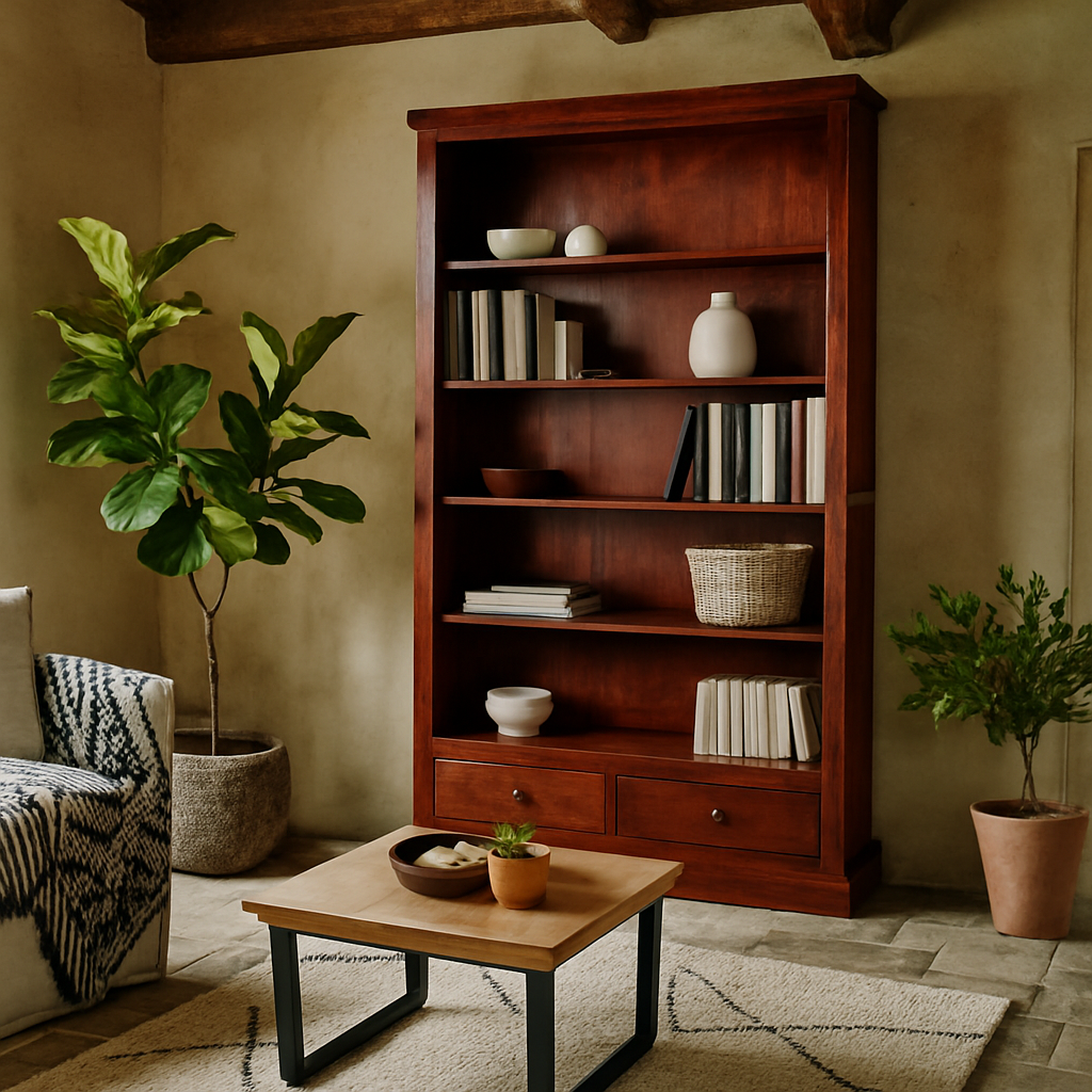 Oxford Mahogany Mango Wood Bookcase 5 Shelves 2 Drawers