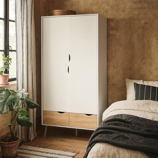 Sapporo White and Natural Oak Wardrobe 2 Doors 2 Drawers
