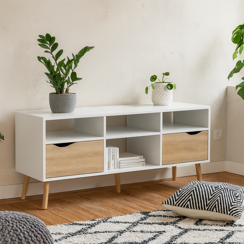 Sapporo White and Natural Oak Wide TV Unit 2 Drawers 4 Shelves
