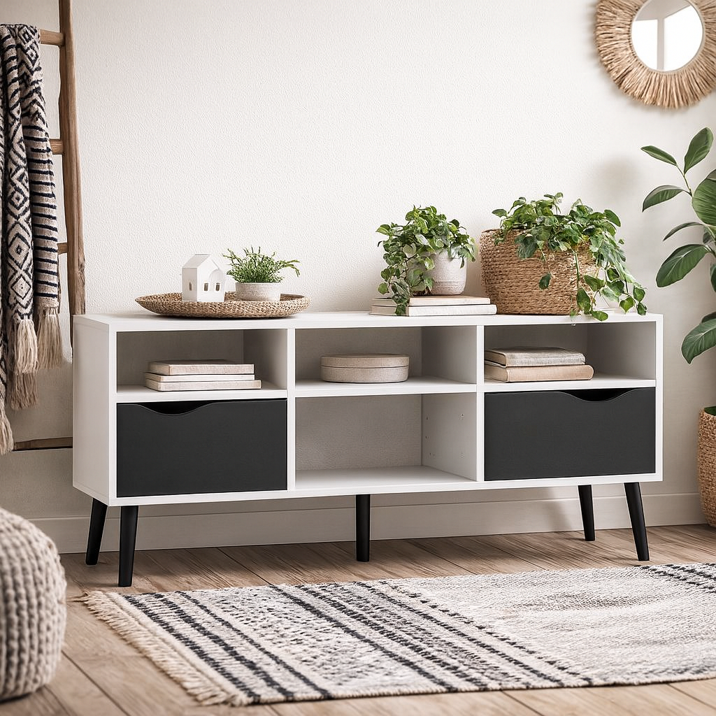 Sapporo White and Matt Black Wide TV Unit 2 Drawers 4 Shelves