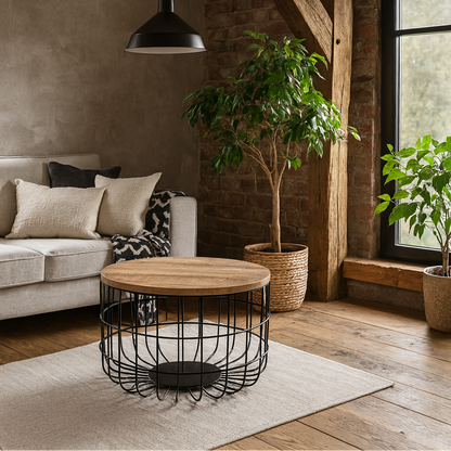 California Solid Wood and Metal Wire Coffee Table