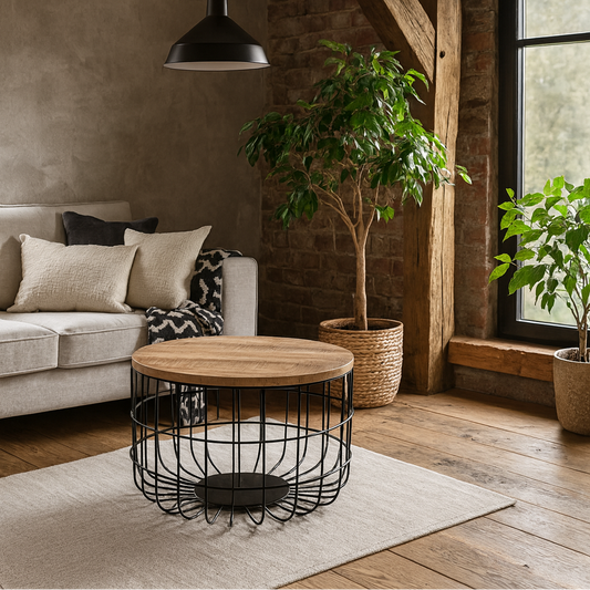 California Solid Wood and Metal Wire Coffee Table