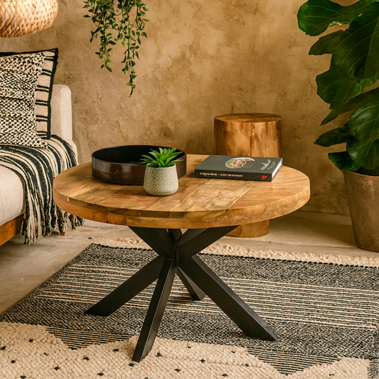 London Natural Mango Wood Coffee Table with 1 Top and Industrial Metal Legs