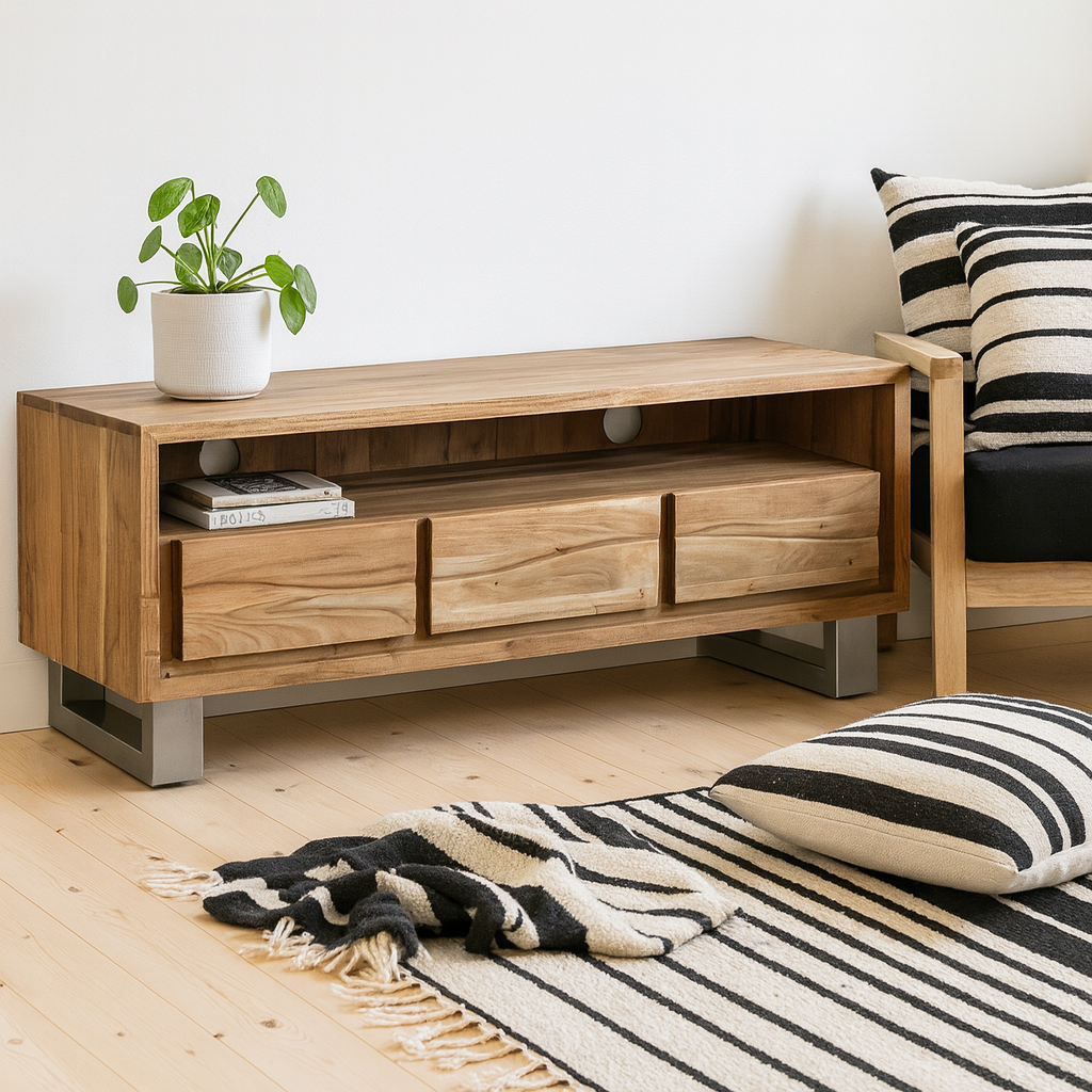 Wellington Acacia Wood Modern Wide Media Unit 3 Drawers