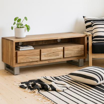 Wellington Acacia Wood Modern Wide Media Unit 3 Drawers