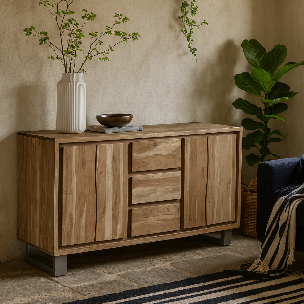 Wellington Acacia Wood Modern Wide Media Unit 2 Doors 3 Drawers