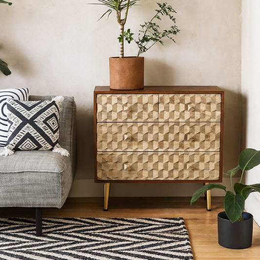 Beijing Mango Wood Chest with 4 Drawers Gold Geometric Pattern