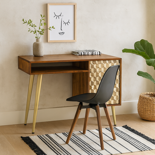 Beijing Mango Wood Desk 1 Drawer 1 Door Gold Geometric Pattern