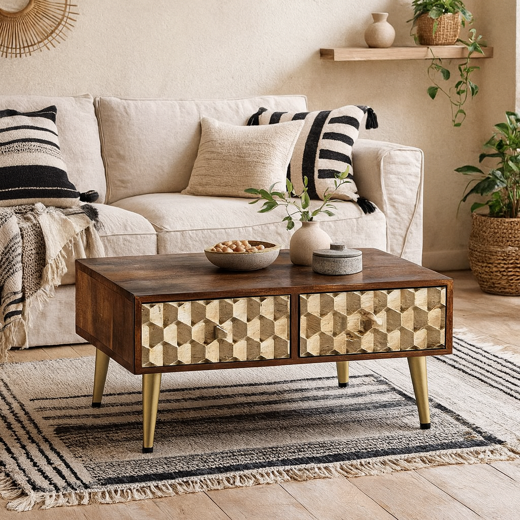 Beijing Mango Wood Coffee Table 2 Drawers Gold Geometric Pattern